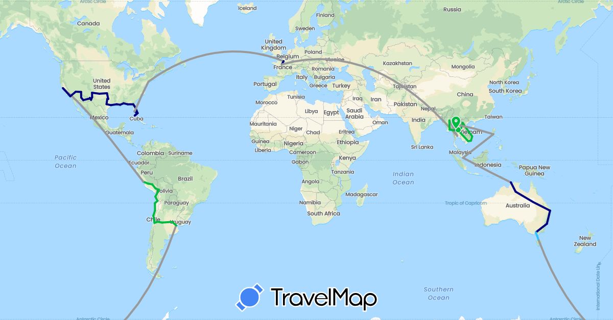 TravelMap itinerary: driving, bus, plane, boat in Argentina, Australia, Bolivia, Chile, France, Laos, Myanmar (Burma), Peru, Philippines, Singapore, Thailand, United States, Vietnam (Asia, Europe, North America, Oceania, South America)